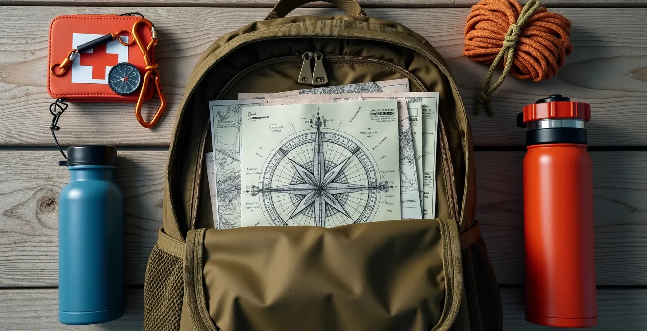 Vista dall'alto di uno zaino aperto con attrezzatura da trekking organizzata in modo metodico