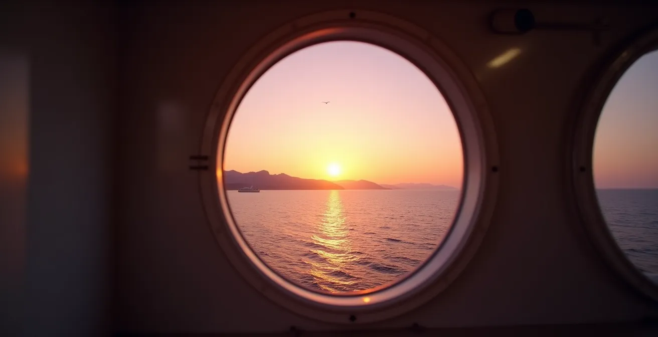 Vista dall'oblò di una cabina traghetto all'alba sul mare