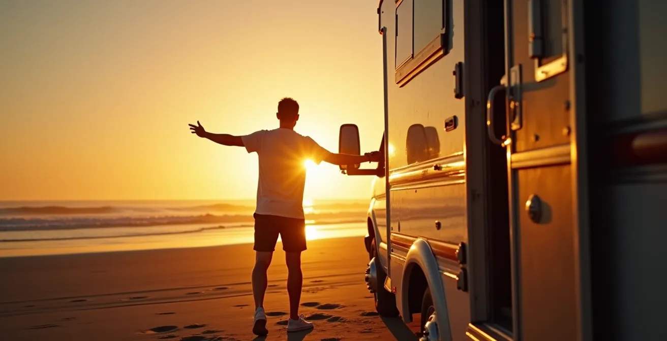 Camper parcheggiato vicino a una spiaggia deserta all'alba