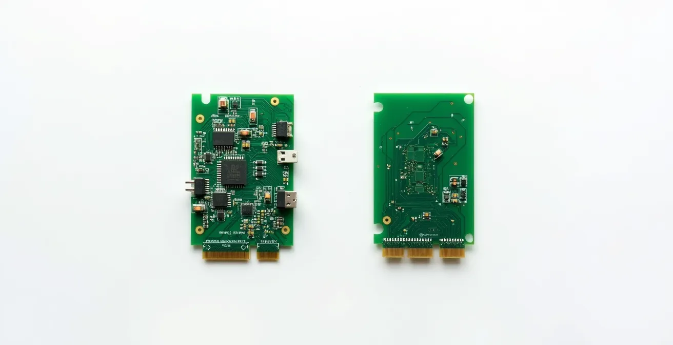 Vista aerea minimalista di due PCB affiancati su superficie bianca, uno tradizionale con molti connettori e uno rigido-flessibile elegante