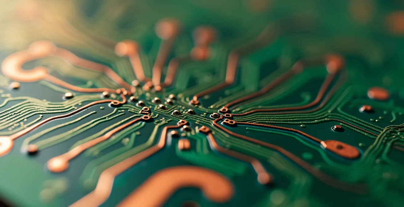 Dettaglio macro delle tracce di rame su un circuito stampato con profondità di campo ridotta