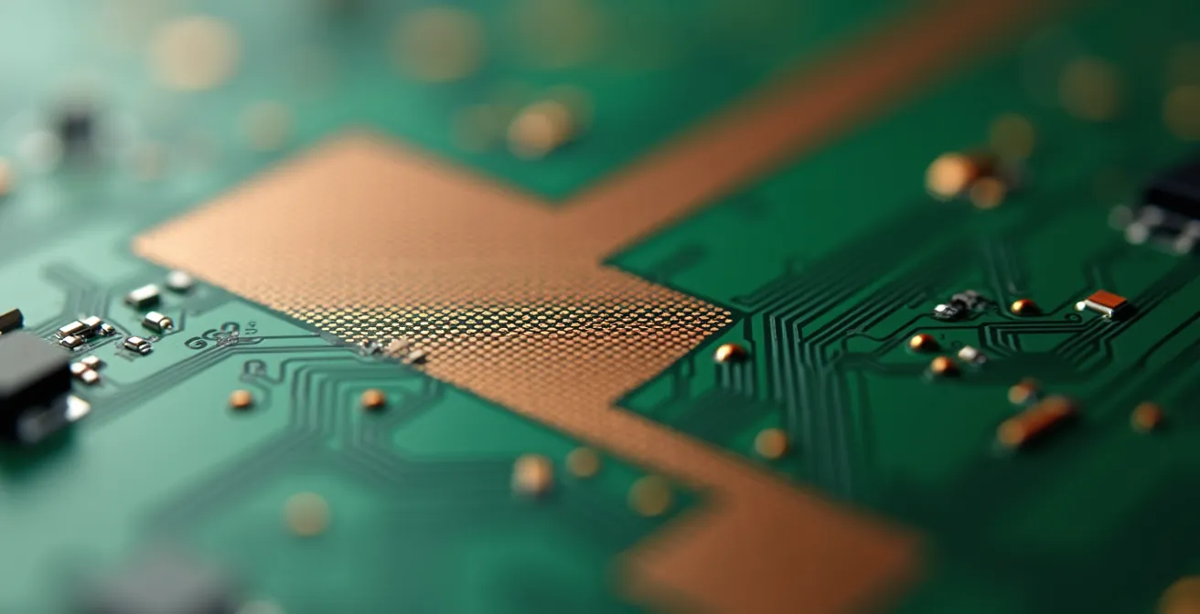 Vista macro estrema della zona di transizione tra PCB rigido e flessibile mostrando le tracce di rame e la texture dei materiali