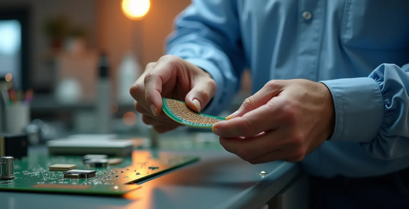 Mani di ingegnere che tengono un PCB rigido-flessibile piegato mostrando il percorso termico attraverso le sezioni curve