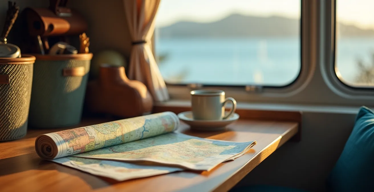 Dettaglio dell'interno di un camper ben organizzato con attrezzatura da viaggio