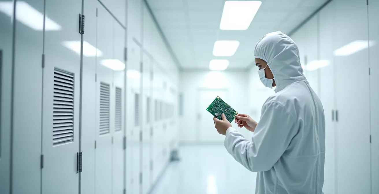 Ambiente di camera bianca per la produzione di circuiti stampati ad alta precisione con operatori in tute protettive