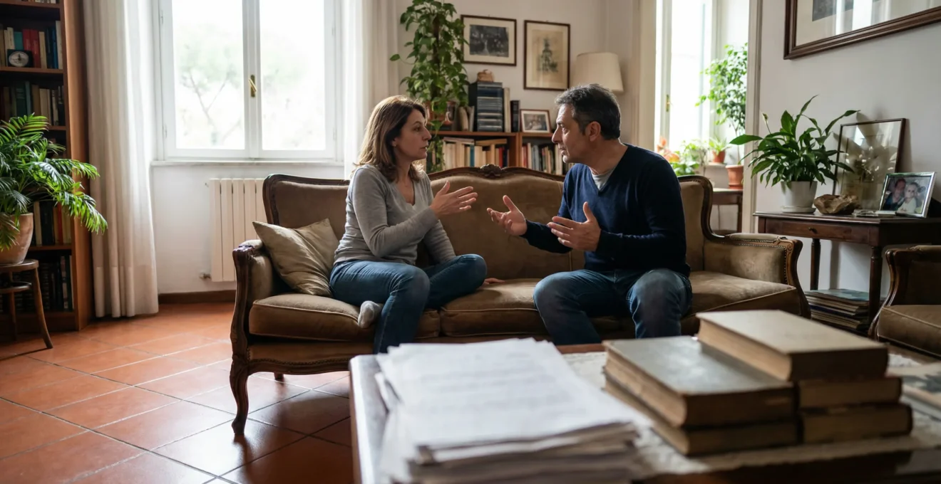 Coppia italiana discute valutazione immobiliare in soggiorno tipico romano