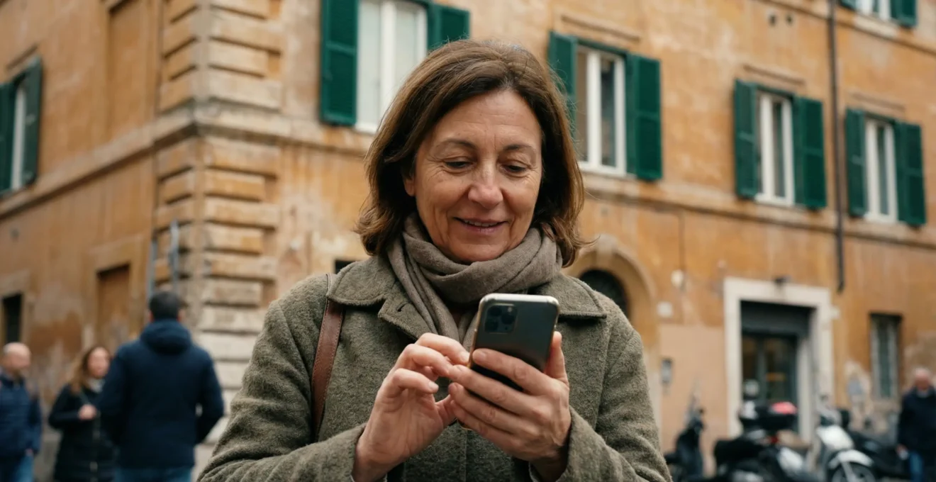 Donna italiana consulta valutazione immobiliare su smartphone davanti a palazzo romano