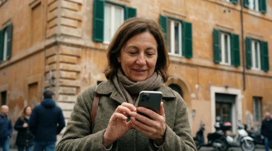 Donna italiana consulta valutazione immobiliare su smartphone davanti a palazzo romano