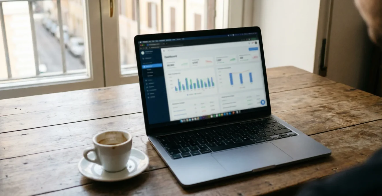 Schermo laptop con dati mercato immobiliare Roma in appartamento luminoso